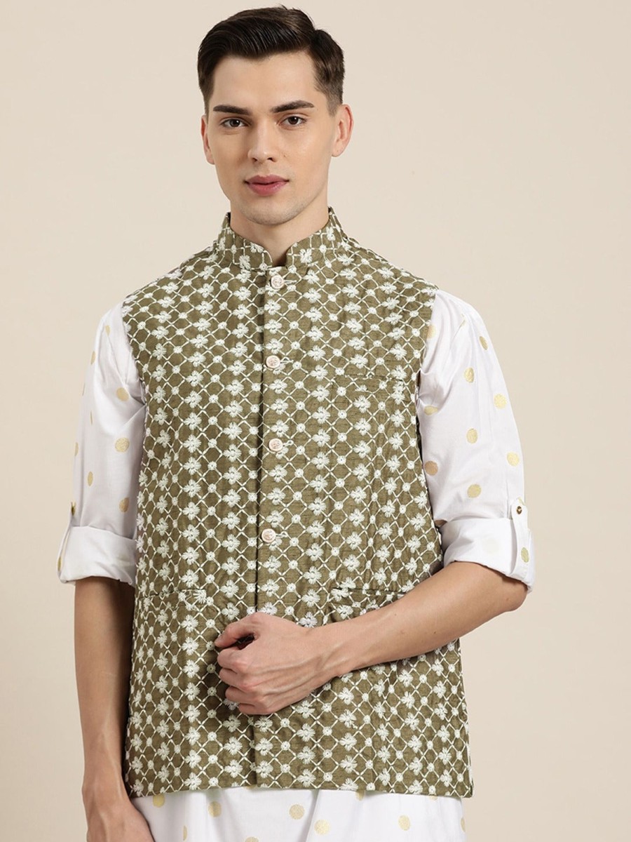 Men Sojanya | Men'S Silk Blend Olive Embroidered Only Nehrujacket - Sojanya Green