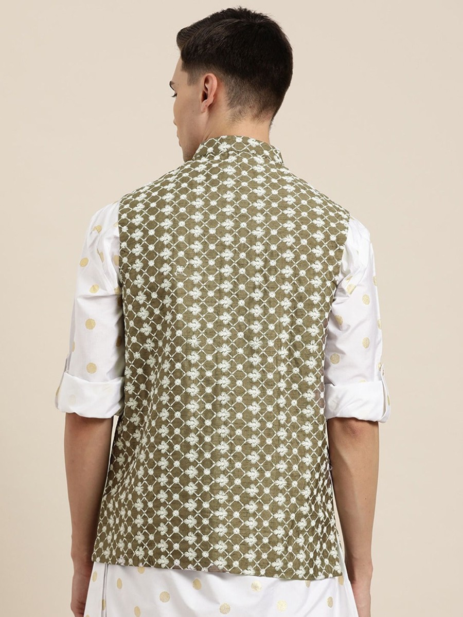 Men Sojanya | Men'S Silk Blend Olive Embroidered Only Nehrujacket - Sojanya Green