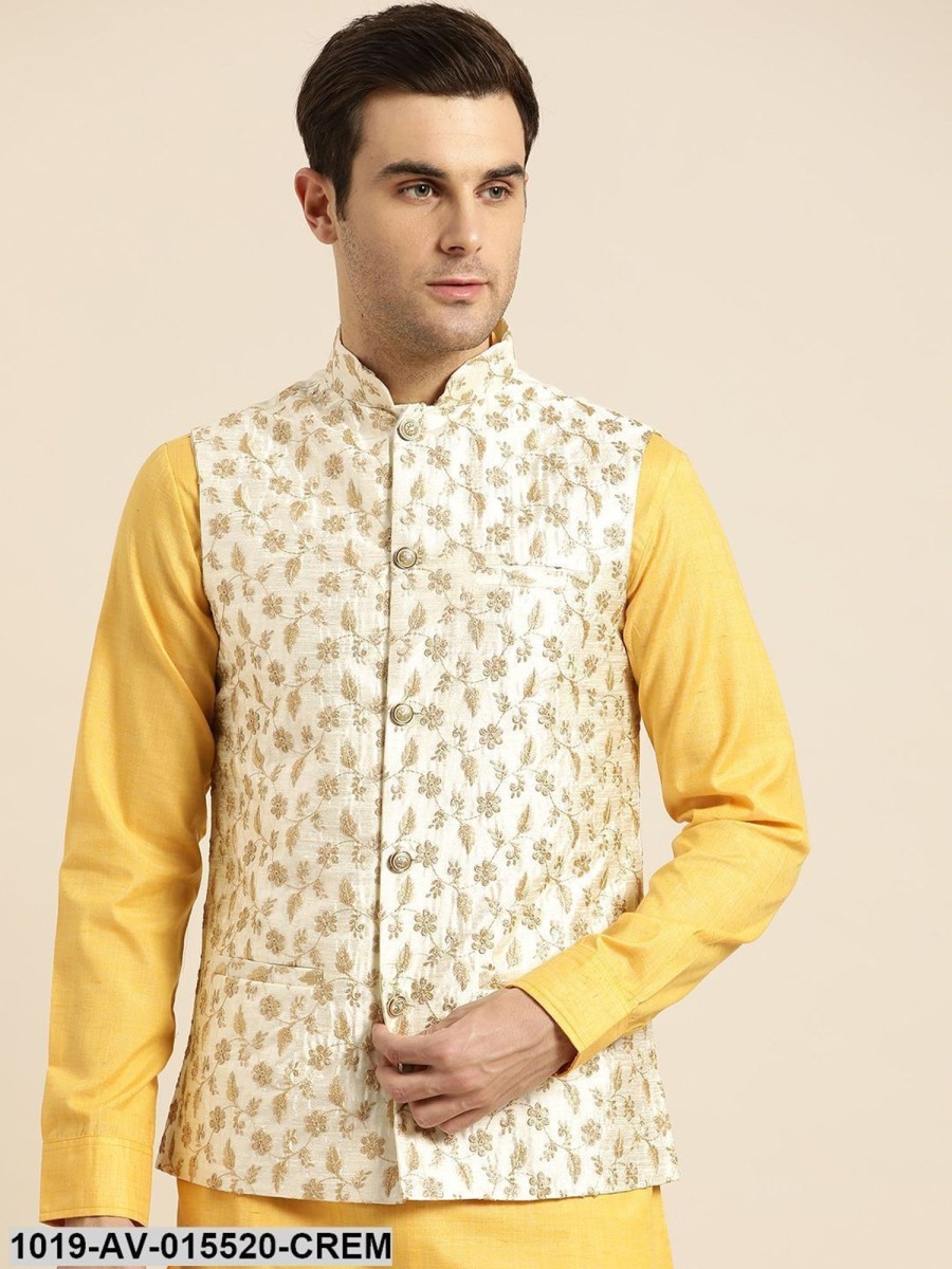 Men Sojanya | Men'S Silk Blend Cream U0026 Gold Embroidered Nehru Jacket - Sojanya