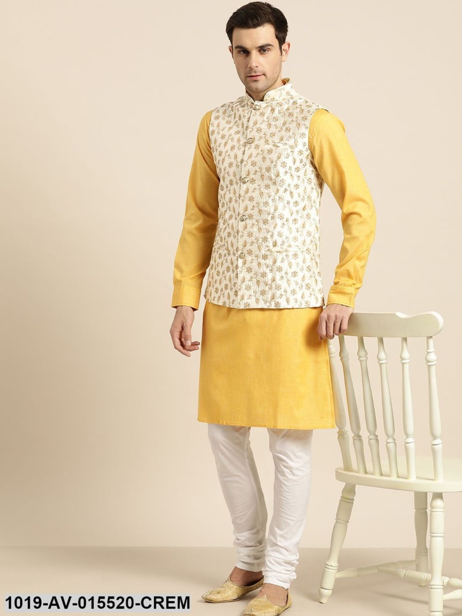 Men Sojanya | Men'S Silk Blend Cream U0026 Gold Embroidered Nehru Jacket - Sojanya