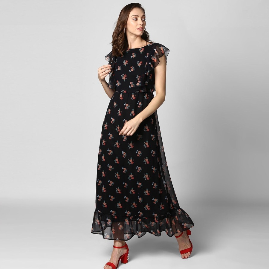 Women Final Clearance Sale | Women'S Black Printed Maxi Dress With Lining - Final Clearance Sale Black & Pink