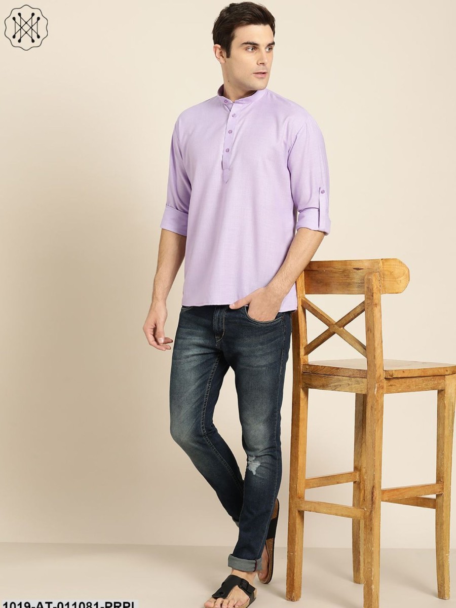 Men Sojanya | Men'S Cotton Purple Solid Short Kurta - Sojanya