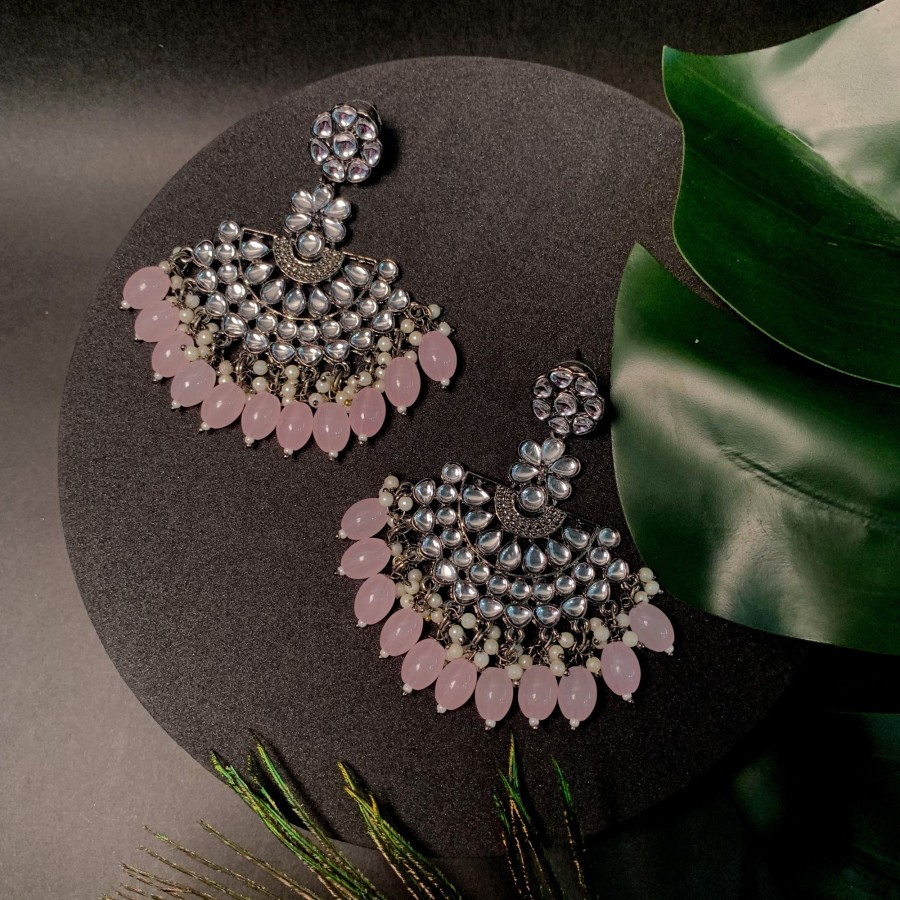 Jewellery I Jewels | Women'S Navratri Ethnic Stylish Silver Oxidised Kundan Pearl Chandbali Earrings - I Jewels Pink