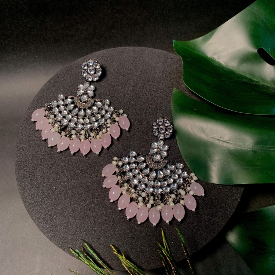 Jewellery I Jewels | Women'S Navratri Ethnic Stylish Silver Oxidised Kundan Pearl Chandbali Earrings - I Jewels Pink