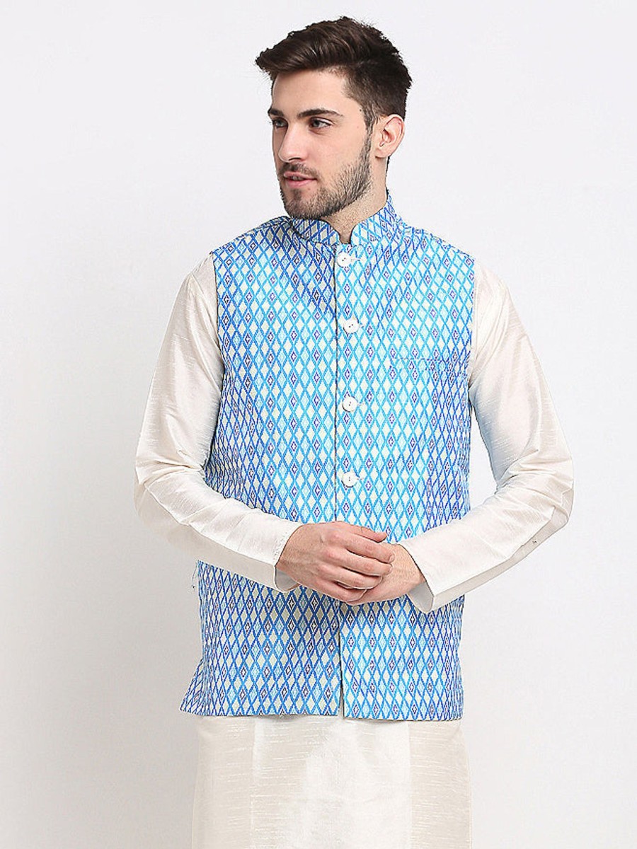 Men Virat Fashions | Men'S Blue Ikat Printed Nehru Jacket ( Jowc 4030Sky ) - Virat Fashions