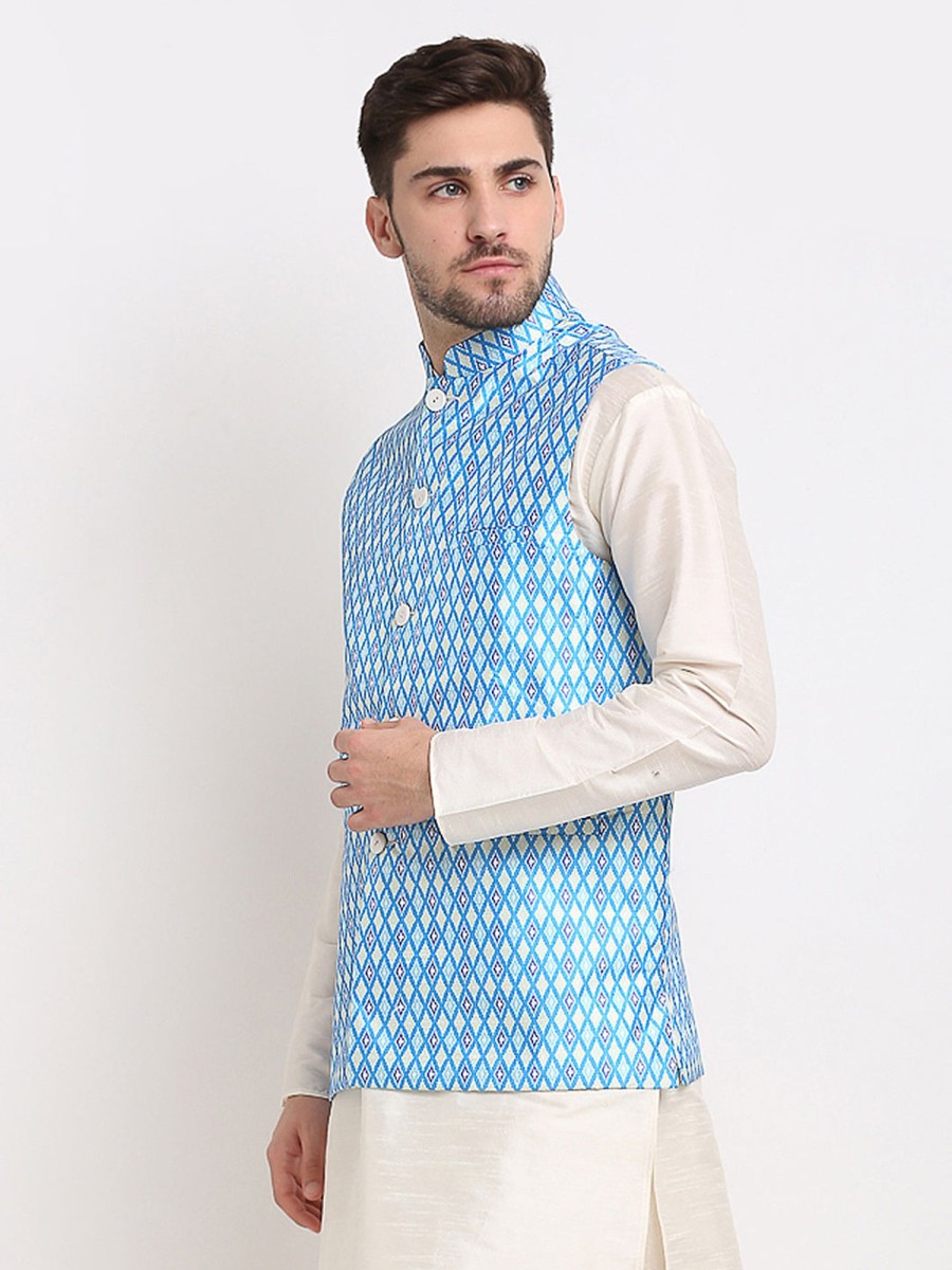 Men Virat Fashions | Men'S Blue Ikat Printed Nehru Jacket ( Jowc 4030Sky ) - Virat Fashions