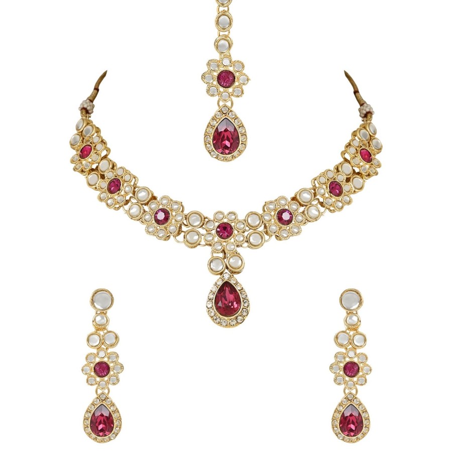 Jewellery I Jewels | Women'S 18K Gold Plated Traditional Floral Design Kundan Stones Studed Necklace Jewellery Set With Earrings U0026 Maang Tikka - I Jewels Pink