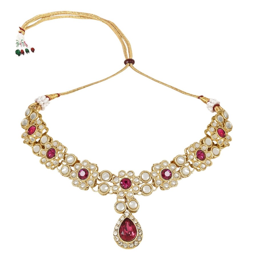 Jewellery I Jewels | Women'S 18K Gold Plated Traditional Floral Design Kundan Stones Studed Necklace Jewellery Set With Earrings U0026 Maang Tikka - I Jewels Pink