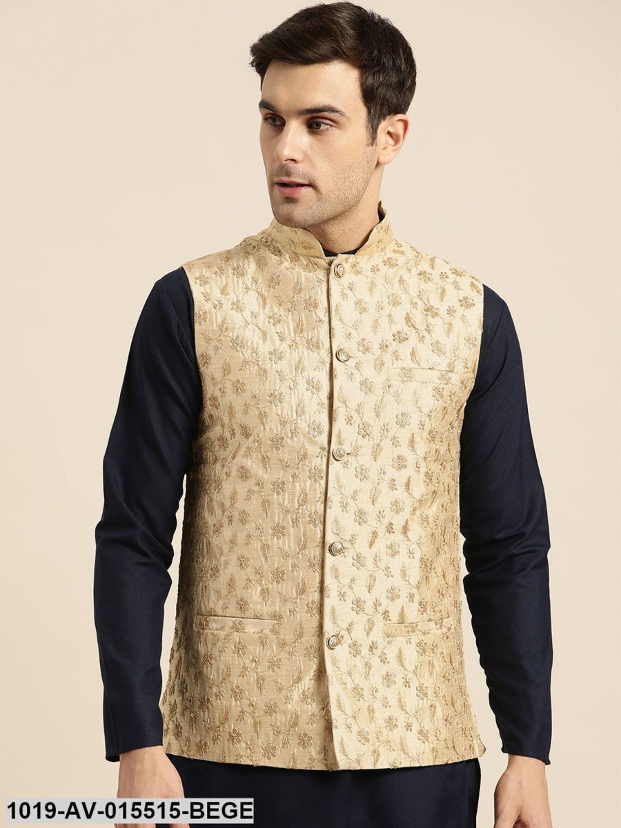 Men Sojanya | Men'S Silk Blend Beige U0026 Gold Embroidered Nehru Jacket - Sojanya