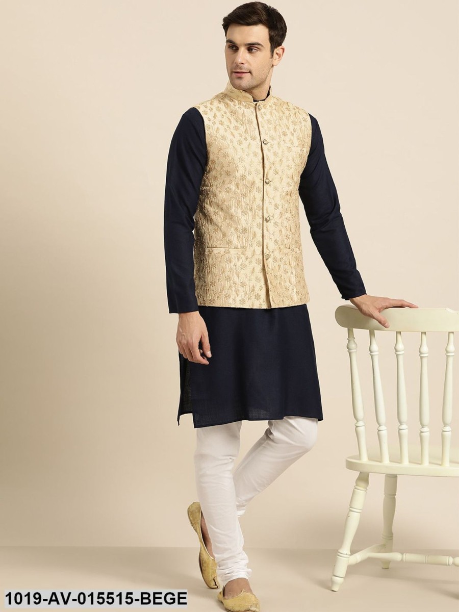 Men Sojanya | Men'S Silk Blend Beige U0026 Gold Embroidered Nehru Jacket - Sojanya