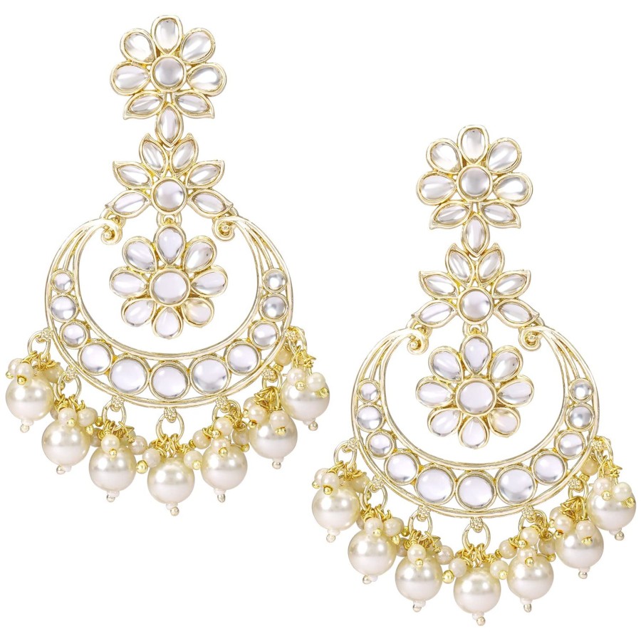 Jewellery I Jewels | Women'S Traditional Handcrafted Kundan Adorned With Pearls Earrings With Maang Tikka Set - I Jewels White