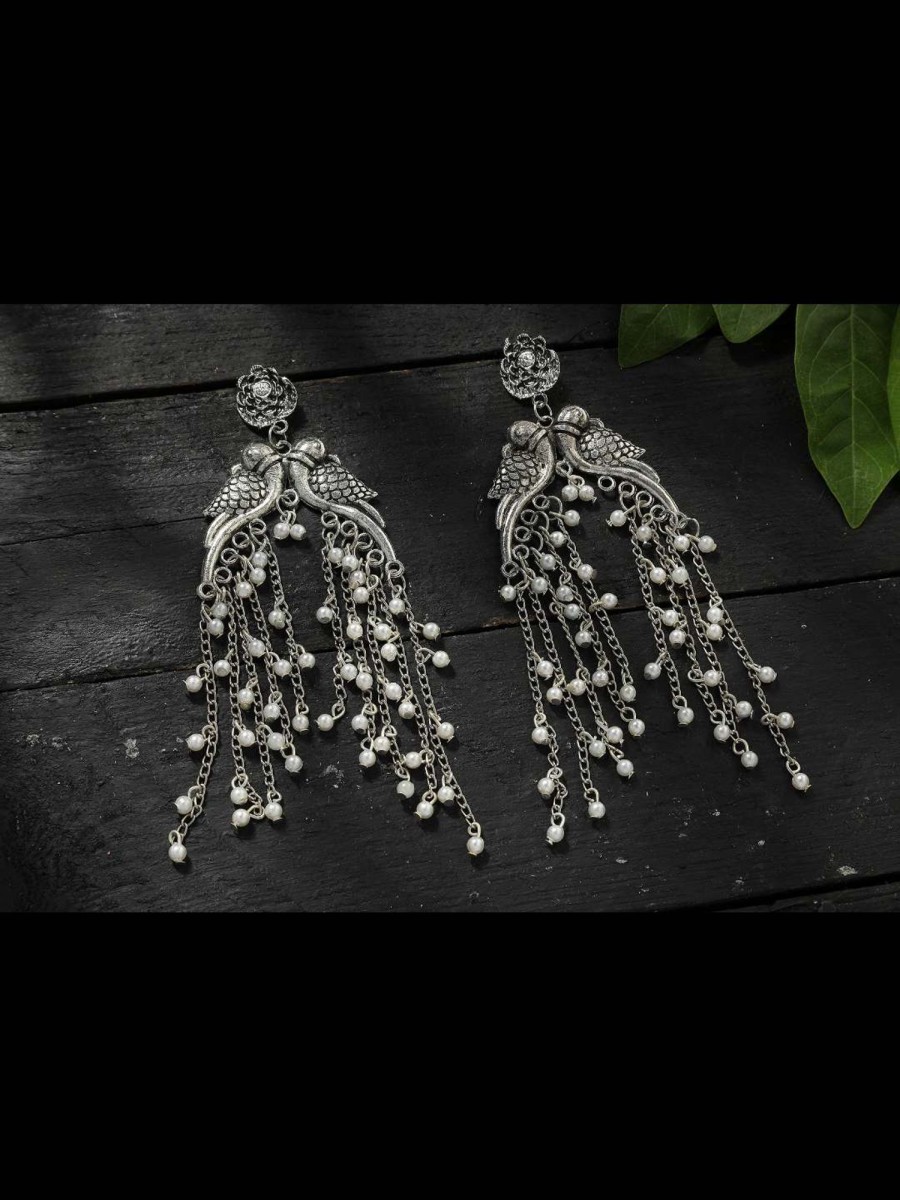 Jewellery Kamal Johar | Johar Kamal Silver-Plated Oxidised Parrot Design Earrings Jker_079