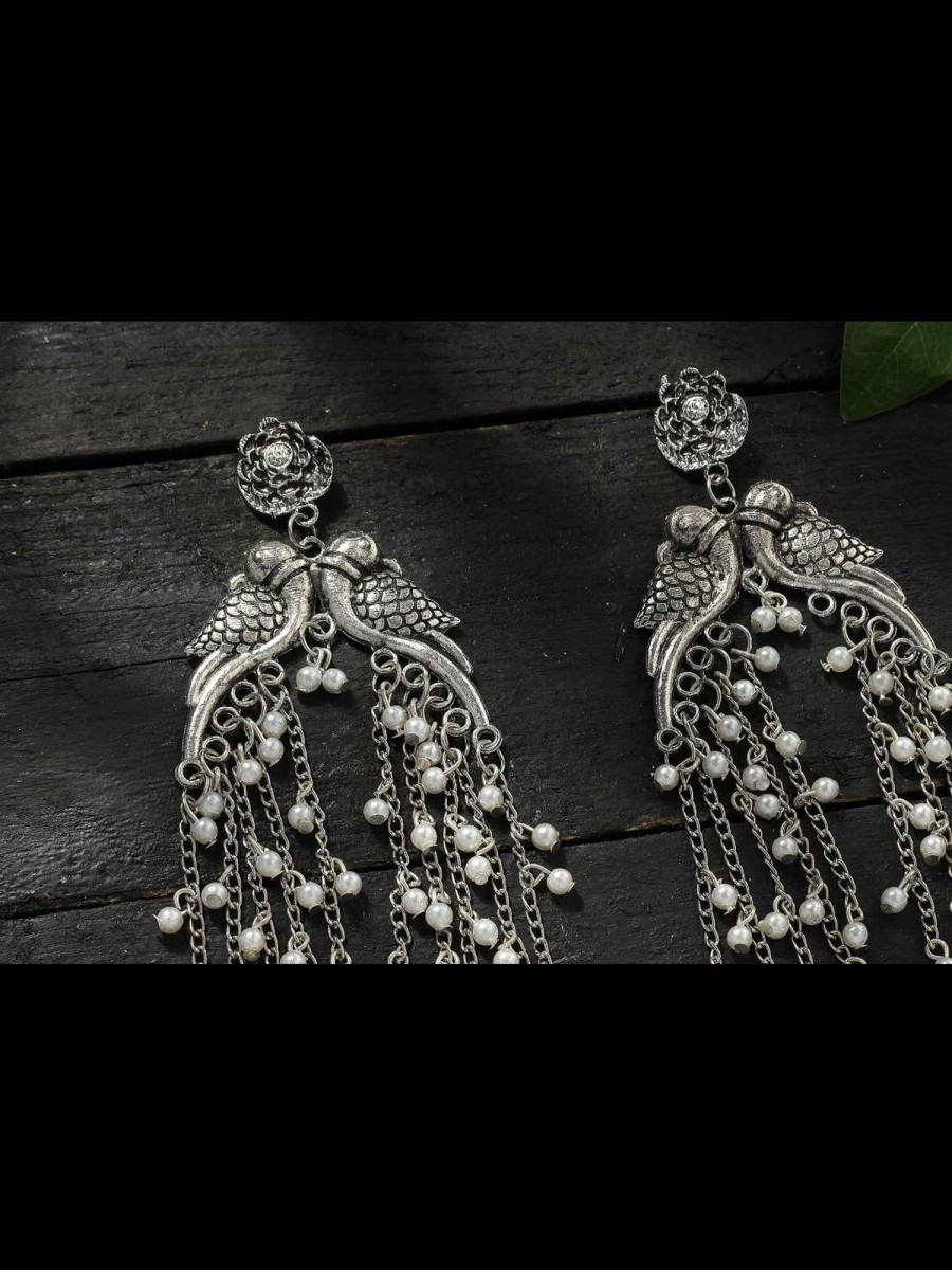 Jewellery Kamal Johar | Johar Kamal Silver-Plated Oxidised Parrot Design Earrings Jker_079