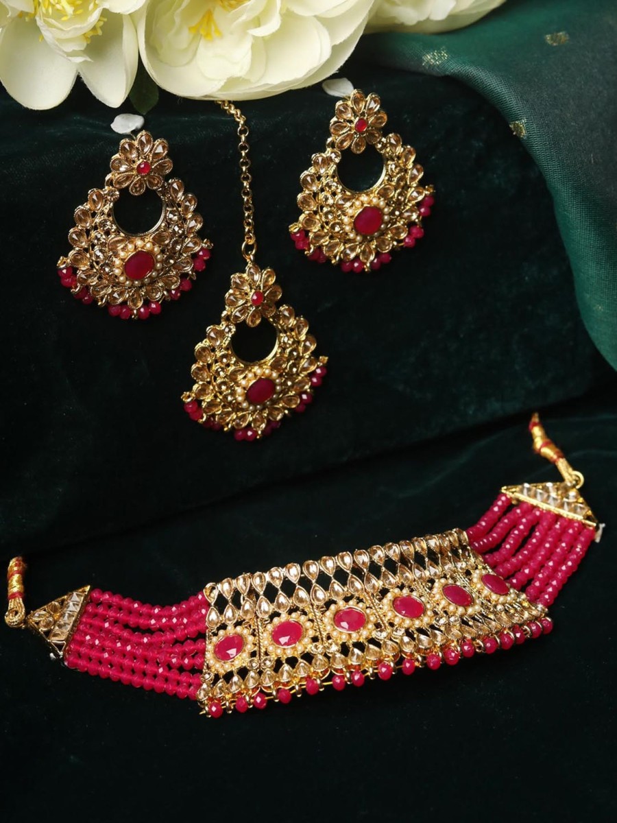 Jewellery Priyaasi | Women'S Red Kundan Pearls Gold Plated Choker Set With Maang Tikka - Priyaasi