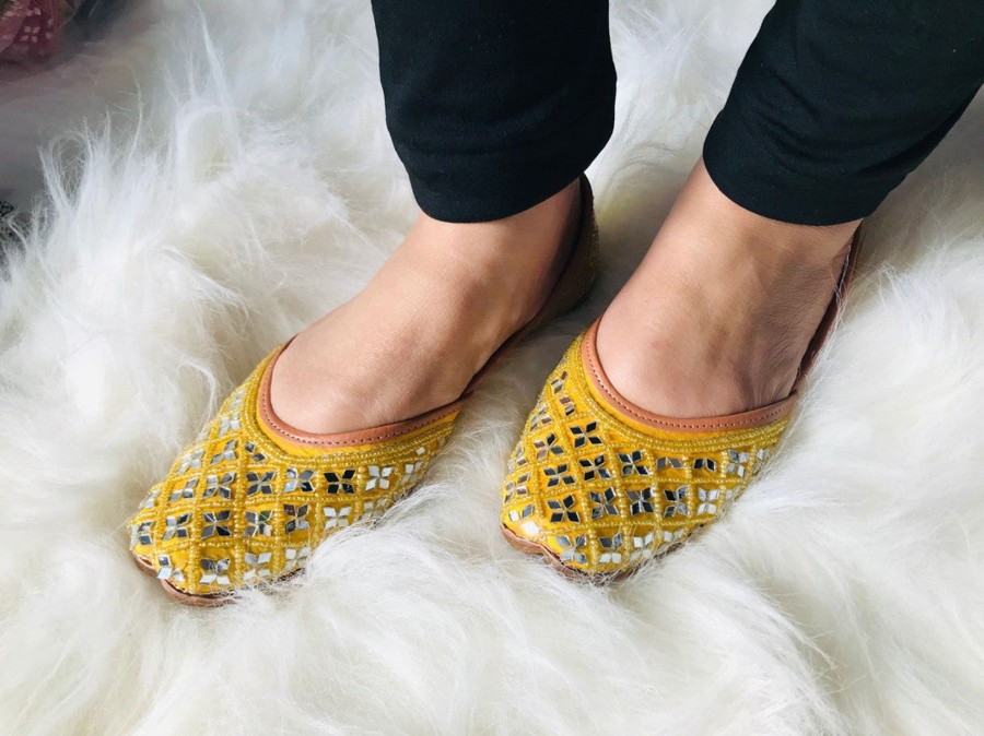 Others Desi Colour | Women'S Yellow Mirror Work Leather Embroidered Indian Handcrafted Ethnic Comfort Footwear - Desi Colour