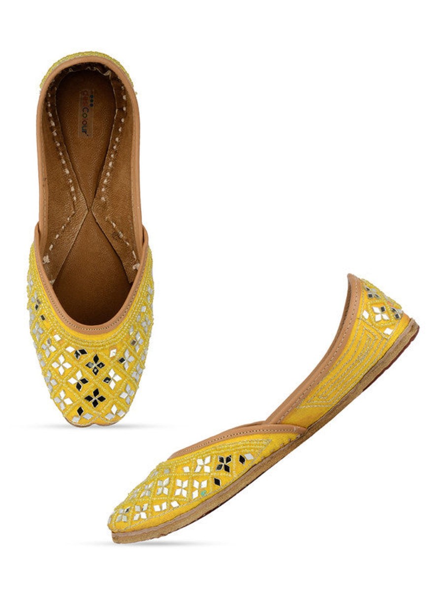 Others Desi Colour | Women'S Yellow Mirror Work Leather Embroidered Indian Handcrafted Ethnic Comfort Footwear - Desi Colour