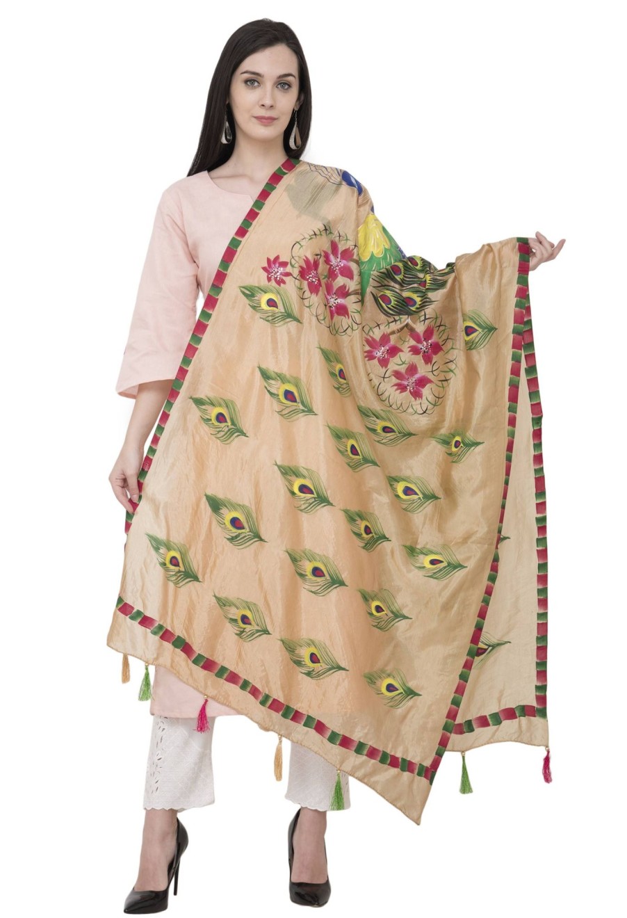 Women AR Silks | A R Silk Silk Peacock Multi Fancy Dupatta Color Dupatta Or Chunni Golden