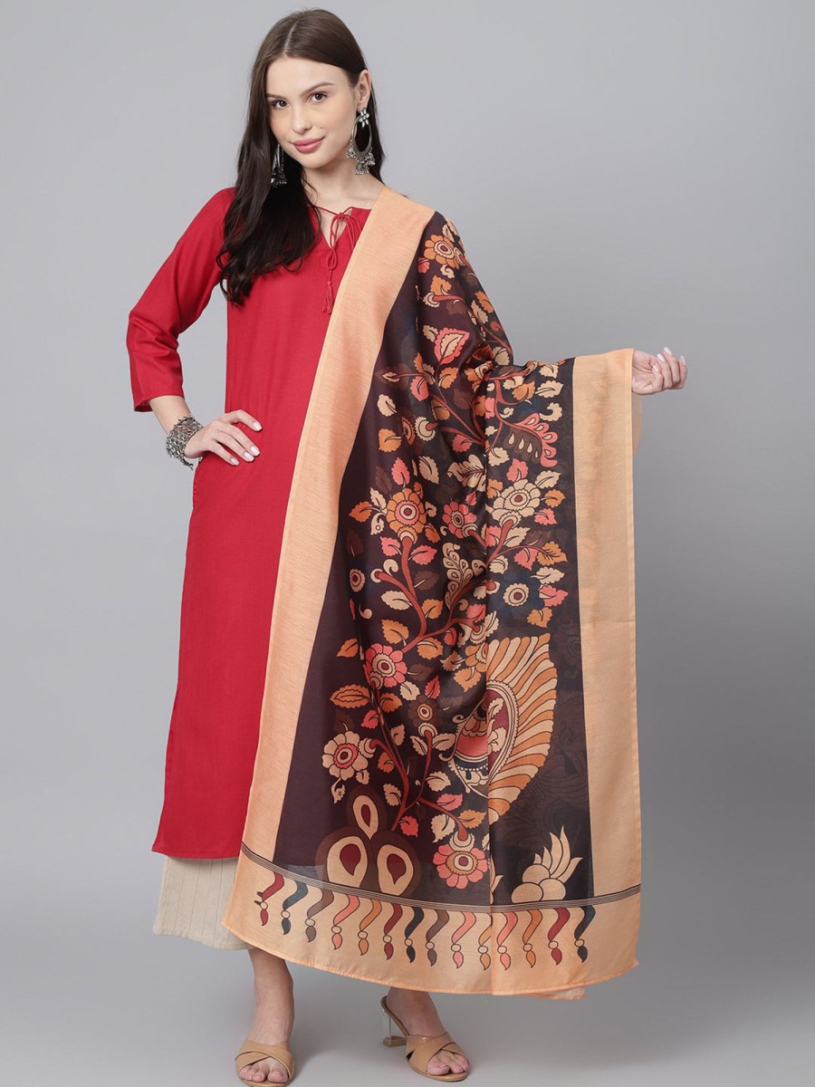 Women DECKEDUP | Women'S Women Kalamkari Floral Print Chanderi Dupatta - Deckedup Black