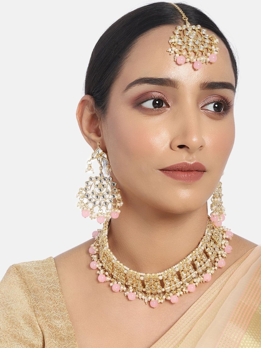 Jewellery I Jewels | Women'S Gold Plated Kundan U0026 Pearl Studded Choker Necklace Set With Earrings U0026 Maang Tikka - I Jewels Pink