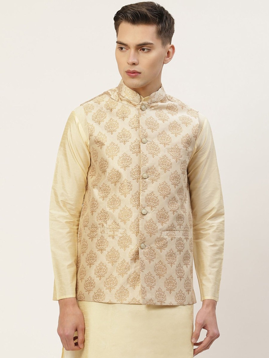 Men Final Clearance Sale | Men'S Cream Printed Nehru Jacket ( Jowc 4032Cream ) - Final Clearance Sale