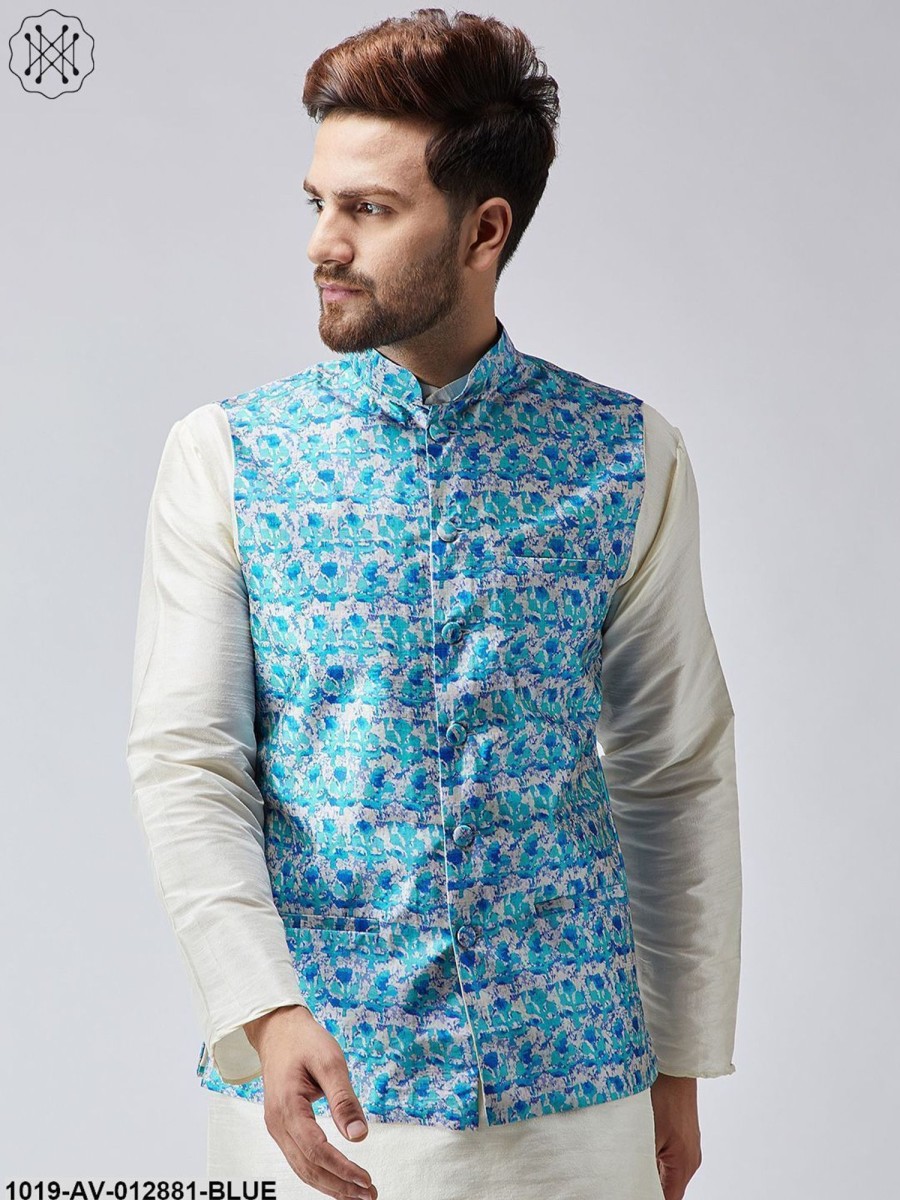 Men Sojanya | Men'S Sky Blue Printed Nehru Jacket - Sojanya