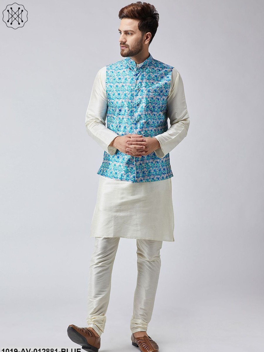 Men Sojanya | Men'S Sky Blue Printed Nehru Jacket - Sojanya