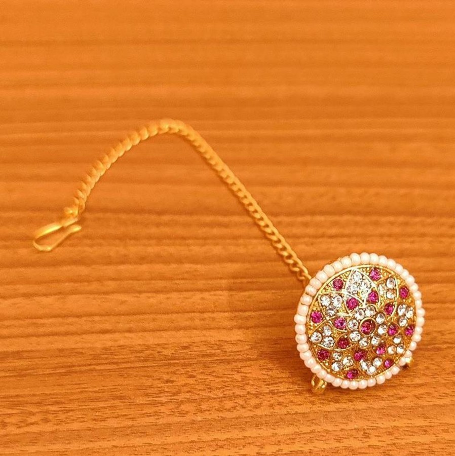 Jewellery Sanvi Jewels | Women'S Zircon Gold Look Wedding Maang Tikka - Sanvi Jewels Pink