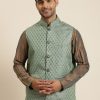 Men Sojanya | Men'S Jacquard Silk Teal Green Self Design Only Nehrujacket - Sojanya Blue