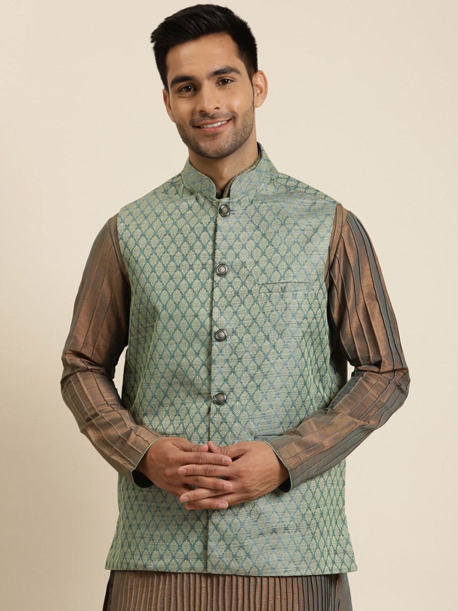 Men Sojanya | Men'S Jacquard Silk Teal Green Self Design Only Nehrujacket - Sojanya Blue