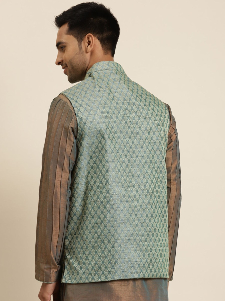 Men Sojanya | Men'S Jacquard Silk Teal Green Self Design Only Nehrujacket - Sojanya Blue