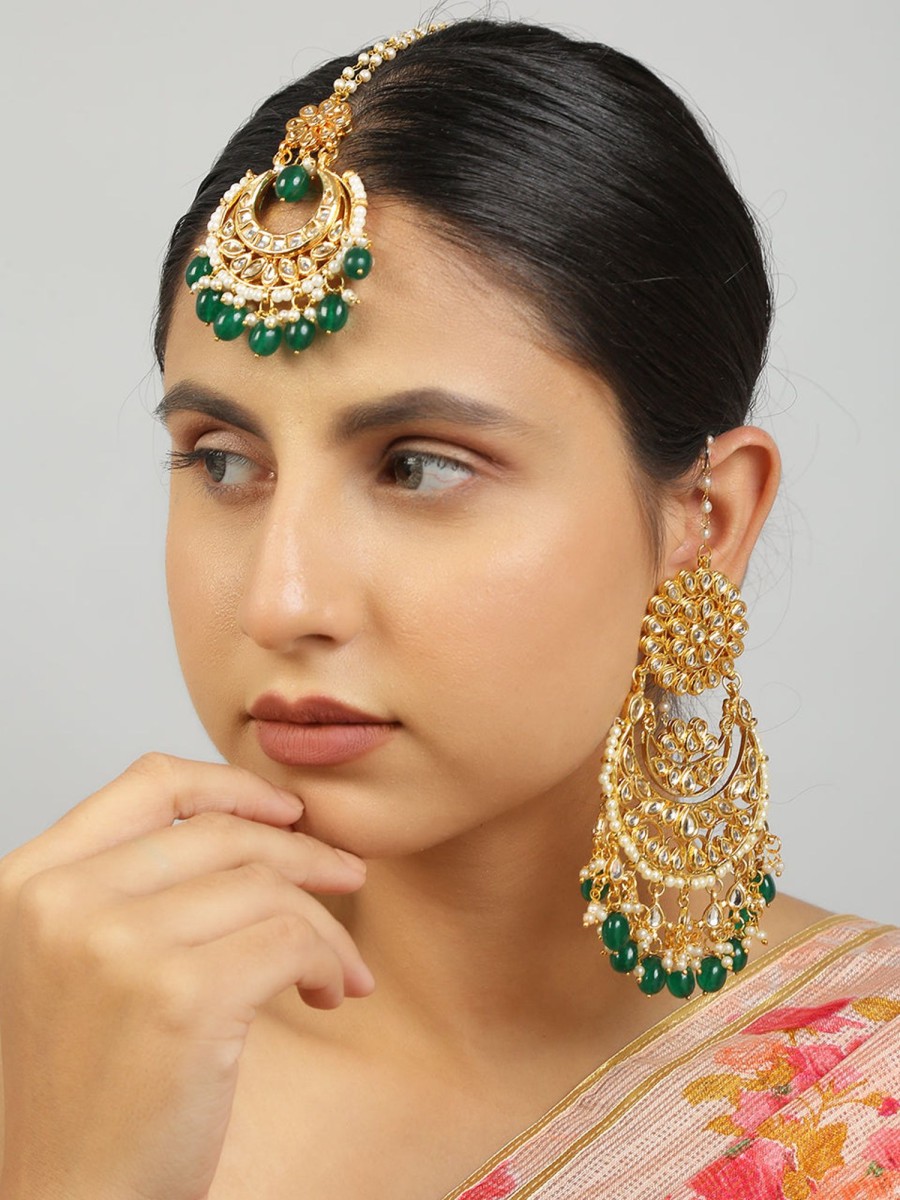 Jewellery Femizen | Women'S Kundan Chandbali U0026 Maang Tikka Set - Femizen Green