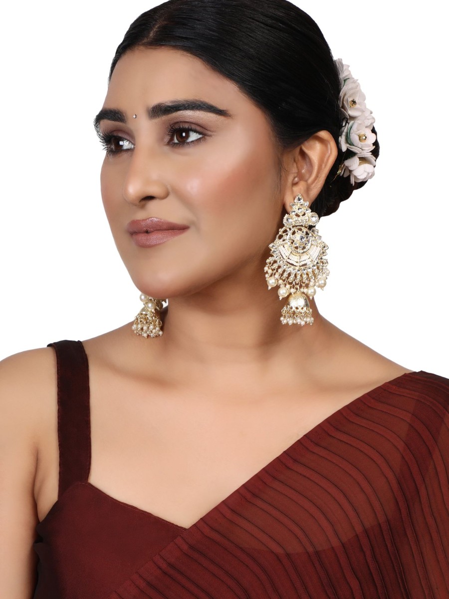 Jewellery EVY | Women'S Latest Designer Pachi Kundan Pearl Bandhai Jhumki Earrings Set - Evy White