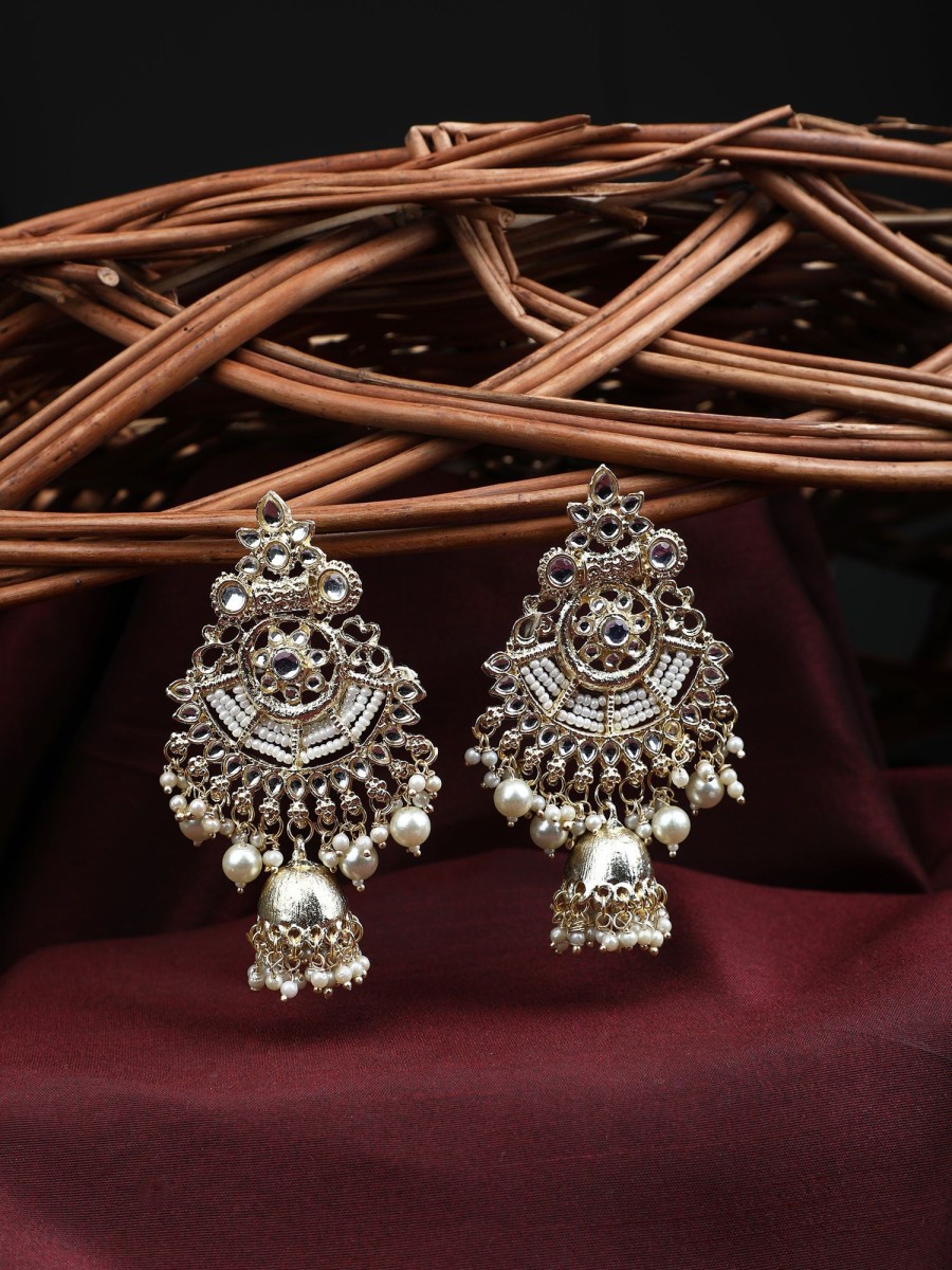 Jewellery EVY | Women'S Latest Designer Pachi Kundan Pearl Bandhai Jhumki Earrings Set - Evy White