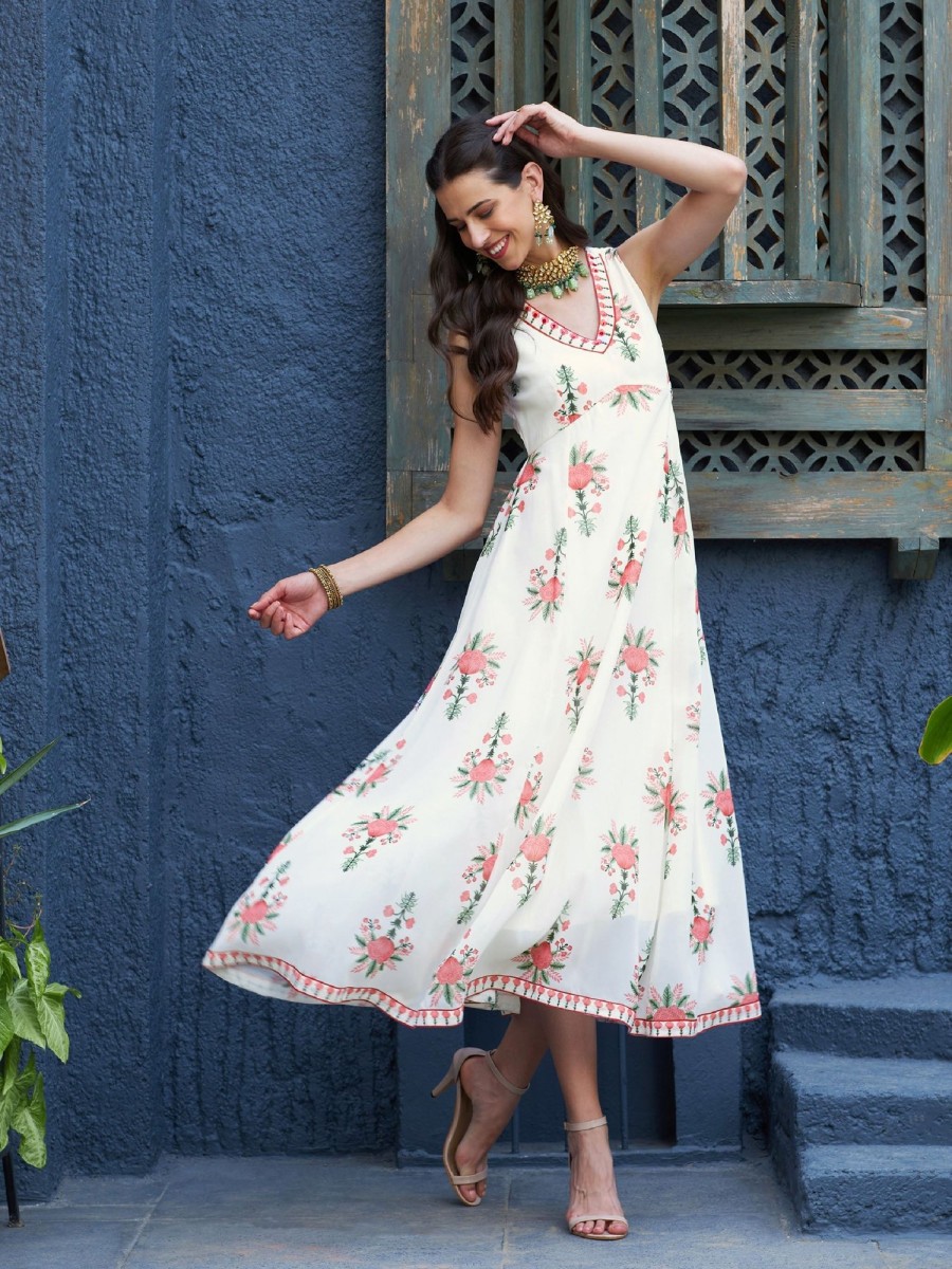 Women Final Clearance Sale | Women'S Floral Slant Empire Seam Maxi Dress - Final Clearance Sale Off White