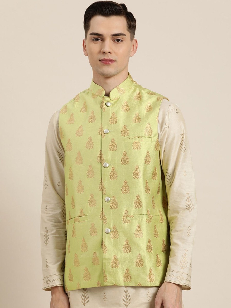 Men Sojanya | Men'S Silk Blend U0026 Gold Self Design Only Nehrujacket - Sojanya Green