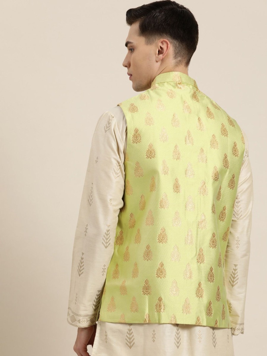 Men Sojanya | Men'S Silk Blend U0026 Gold Self Design Only Nehrujacket - Sojanya Green