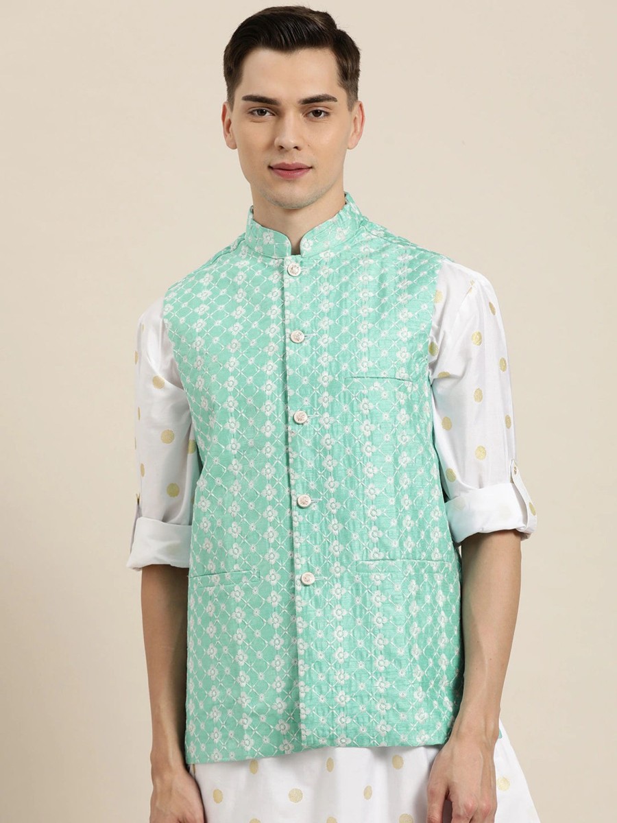 Men Sojanya | Men'S Silk Blend Sea Embroidered Only Nehrujacket - Sojanya Green