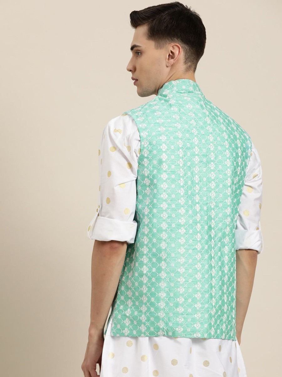 Men Sojanya | Men'S Silk Blend Sea Embroidered Only Nehrujacket - Sojanya Green