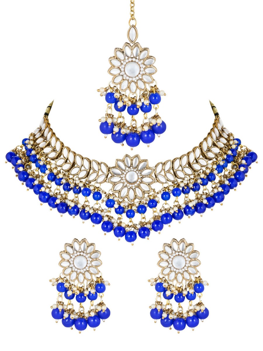 Jewellery I Jewels | Women'S 18K Gold Plated Traditional Kundan Studded Pearl Hanging Choker Necklace Jewellery Set With Earrings U0026 Maang Tikka - I Jewels Blue