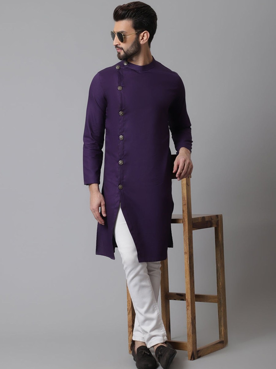 Men Even Apparels | Men'S Sherwani Kurta With Asymetrical Cut - Even Apparels Purple