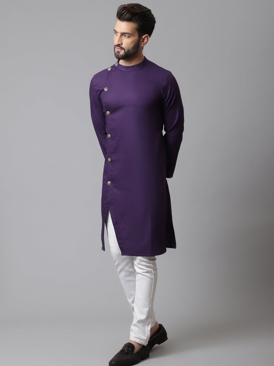 Men Even Apparels | Men'S Sherwani Kurta With Asymetrical Cut - Even Apparels Purple