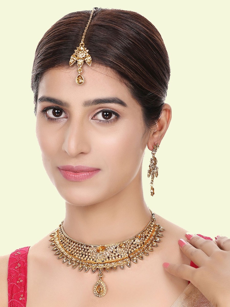 Jewellery Anikas Creation | Designer Gold Plated Traditional Matte Finish Necklace With Earring Maangtika - Anikas Creation Multicolor