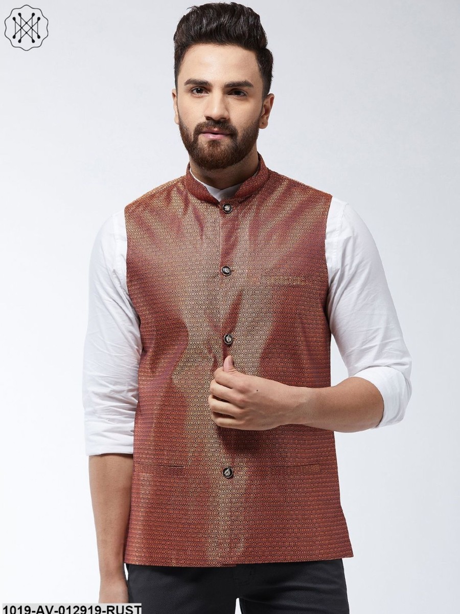 Men Sojanya | Men'S Jacquard Silk Rust Self Design Nehru Jacket - Sojanya