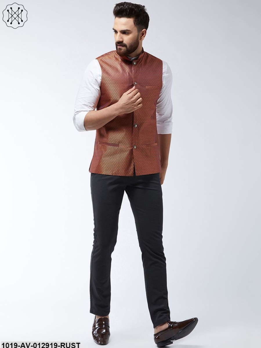 Men Sojanya | Men'S Jacquard Silk Rust Self Design Nehru Jacket - Sojanya