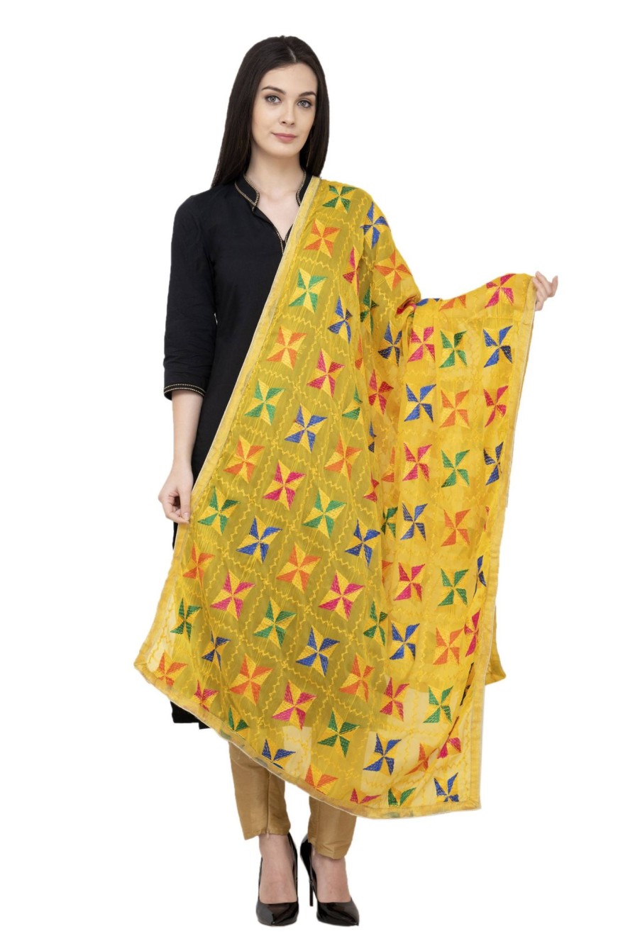 Women AR Silks | A R Silk Pakka Phulkari Fancy Dupatta Color Dupatta Or Chunni Yelllow