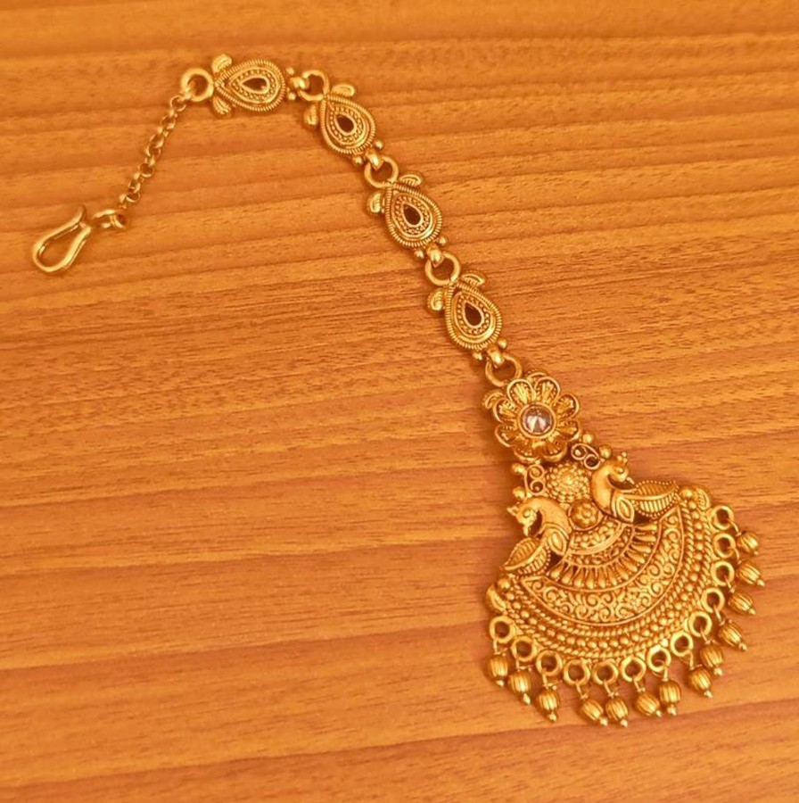 Jewellery Sanvi Jewels | Women'S Polki Stone Peacock Look Maang Tikka - Sanvi Jewels Gold