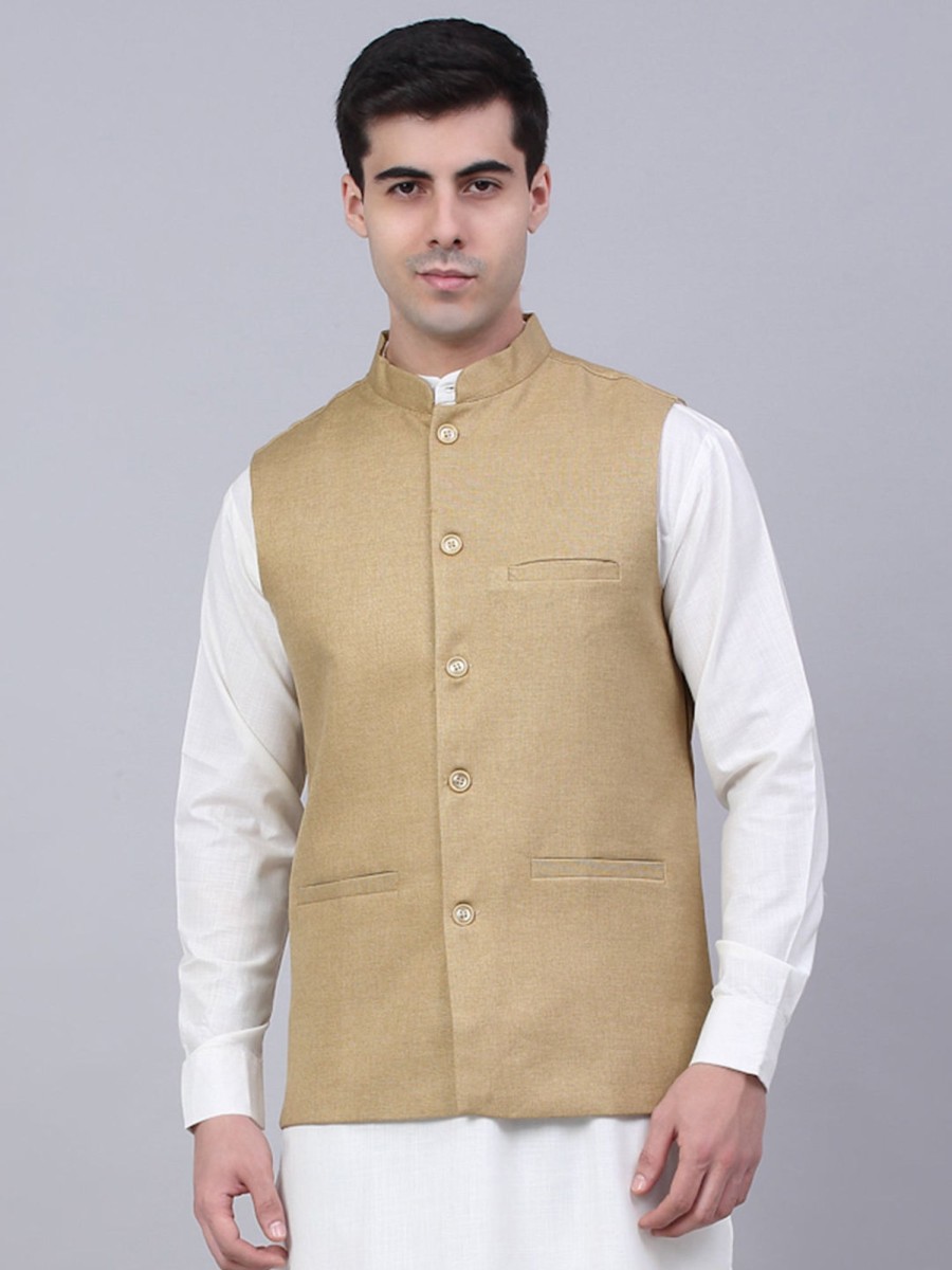 Men Virat Fashions | Men'S Beige Solid Woven Sleeveless Nehru Jackets ( Jowc 4046 Beige ) - Virat Fashions