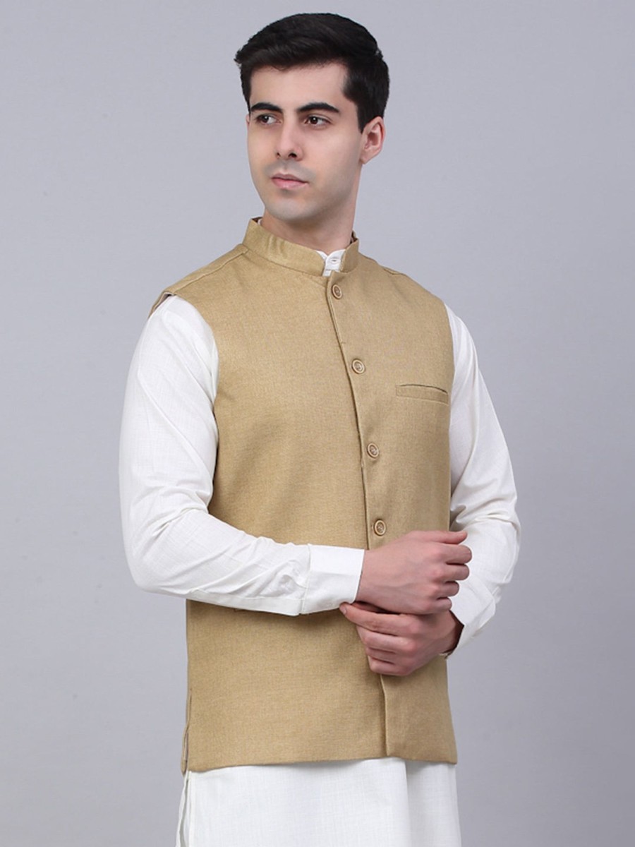 Men Virat Fashions | Men'S Beige Solid Woven Sleeveless Nehru Jackets ( Jowc 4046 Beige ) - Virat Fashions