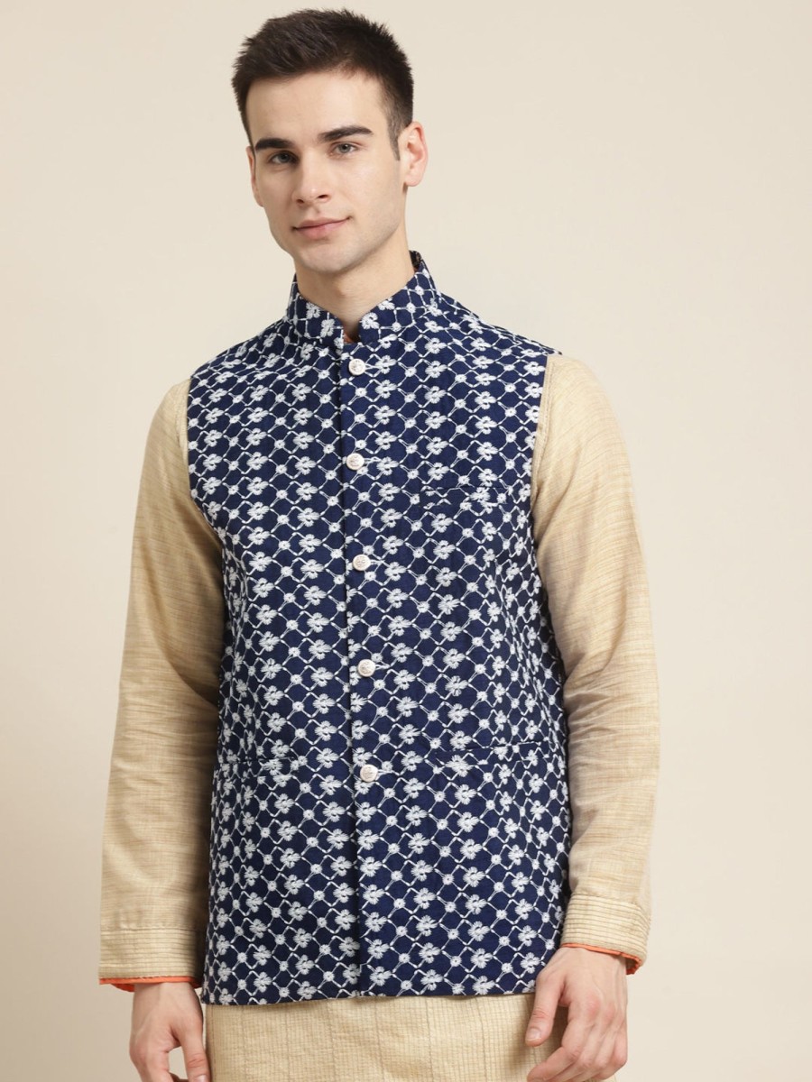 Men Sojanya | Men'S Silk Blend Navy Embroidered Only Nehrujacket - Sojanya Blue