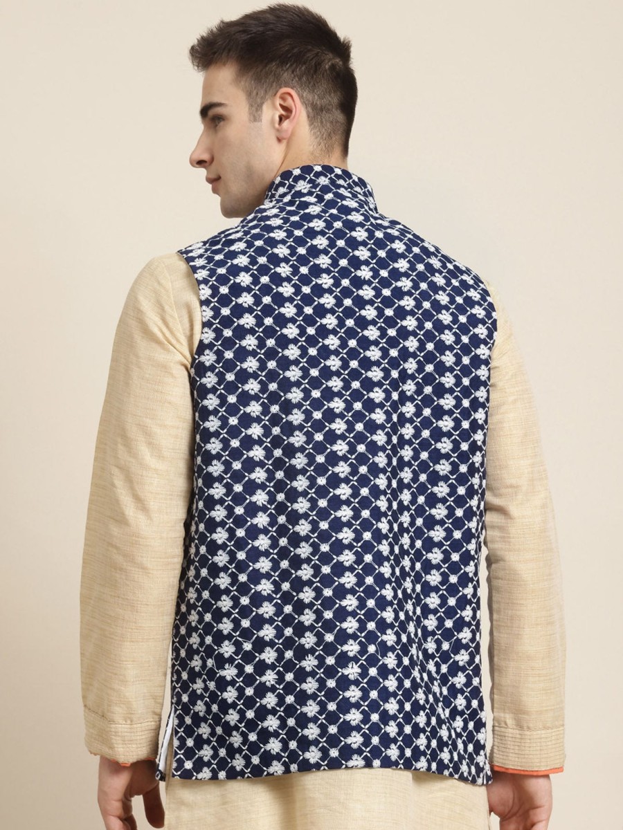 Men Sojanya | Men'S Silk Blend Navy Embroidered Only Nehrujacket - Sojanya Blue